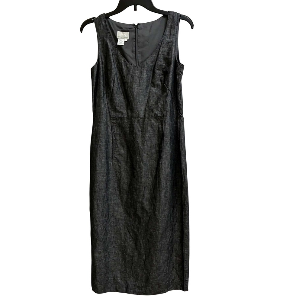 Donna Morgan Sheath Dress Womens 4 Gray Linen Blend Sleeveless V-Neck Midi